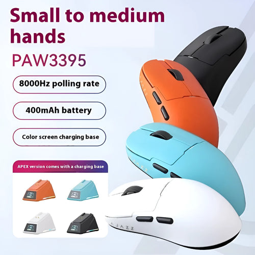 AJ159 tri-mode gaming mouse in various colours showing compact design with PAW3395 sensor