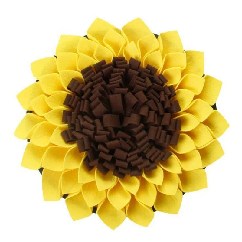 Yellow sunflower-shaped dog snuffle mat with rope and buckle attachment for slow feeding