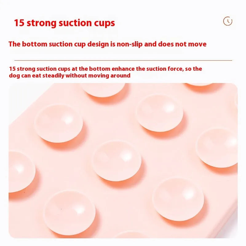 Silicone pet licking mat with suction cup base in pink, grey and khaki colour options