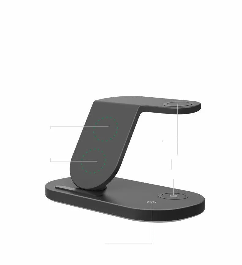 Black three-in-one wireless charging station with phone, watch and accessory on charging surfaces