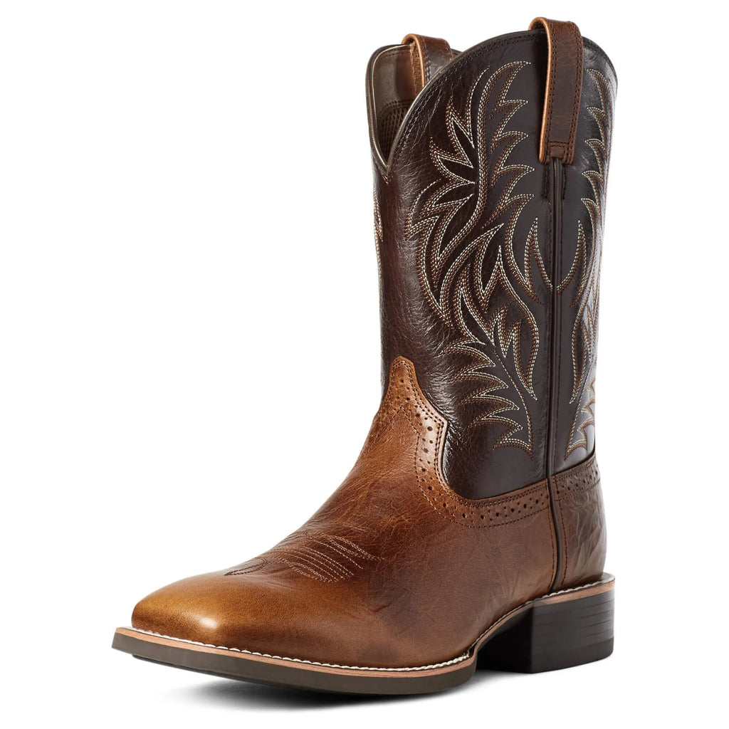 Black western cowboy boots with intricate ethnic embroidery stitching and a wide square toe.