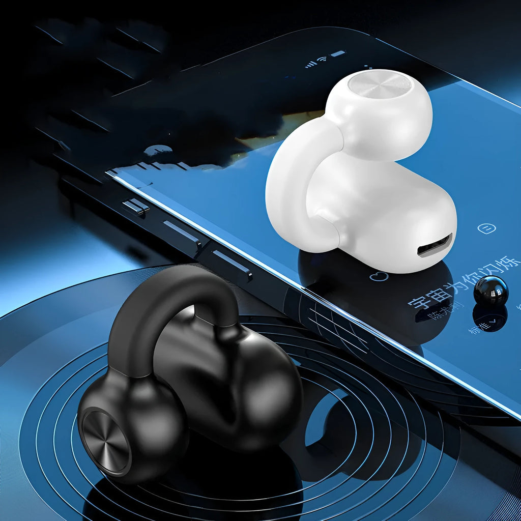 Black wireless Bluetooth clip-on bone conduction earphones for exercise with charging cable