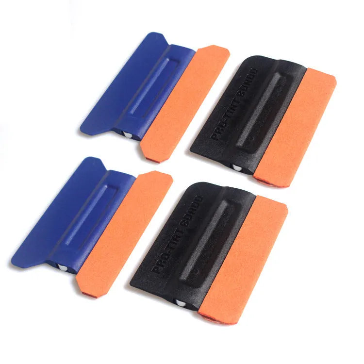 ABS plastic automotive vinyl wrap scraper tool with a blue deerskin scraping pad.