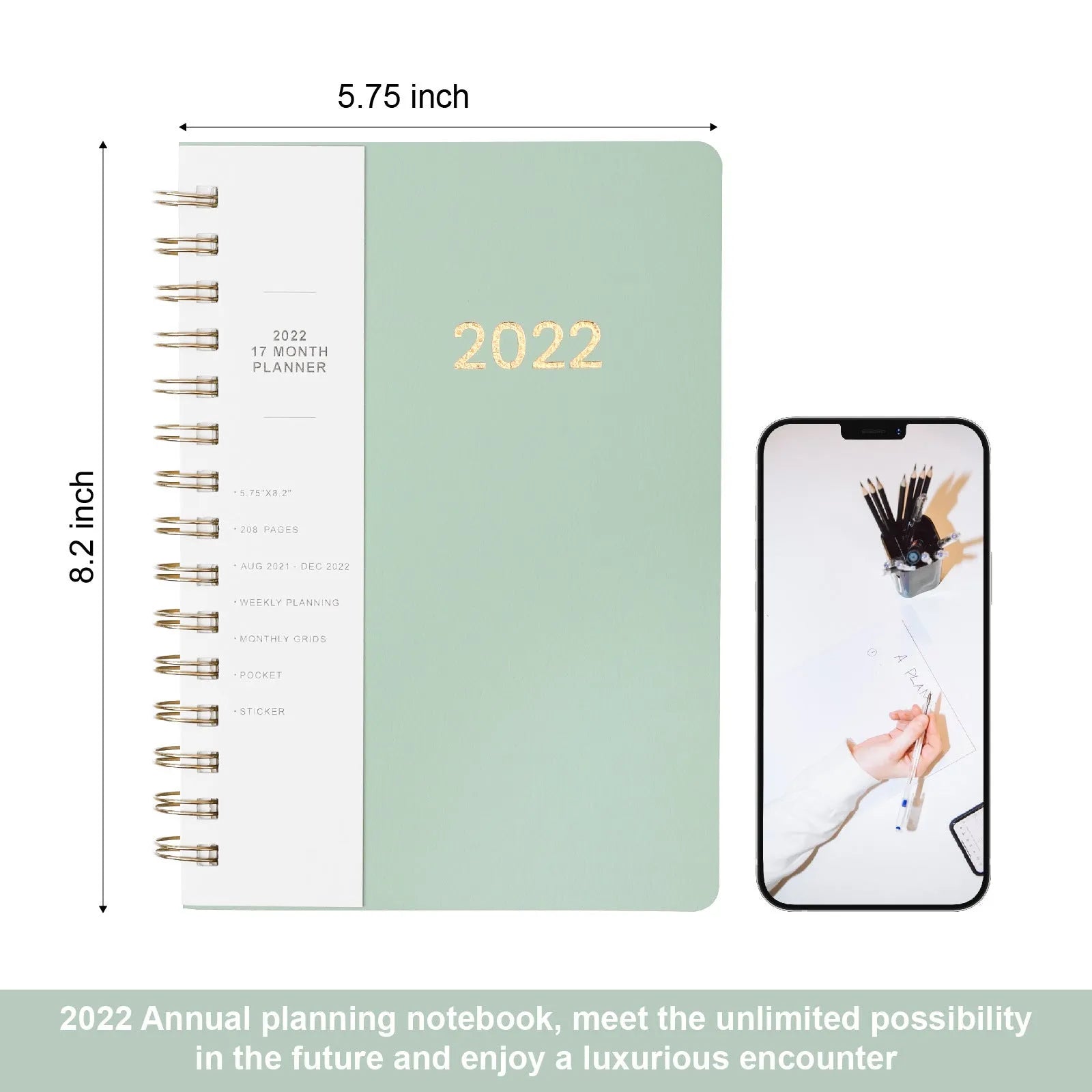 Blue and Green 2022 student week planner notebook with PU leather cover and pocket