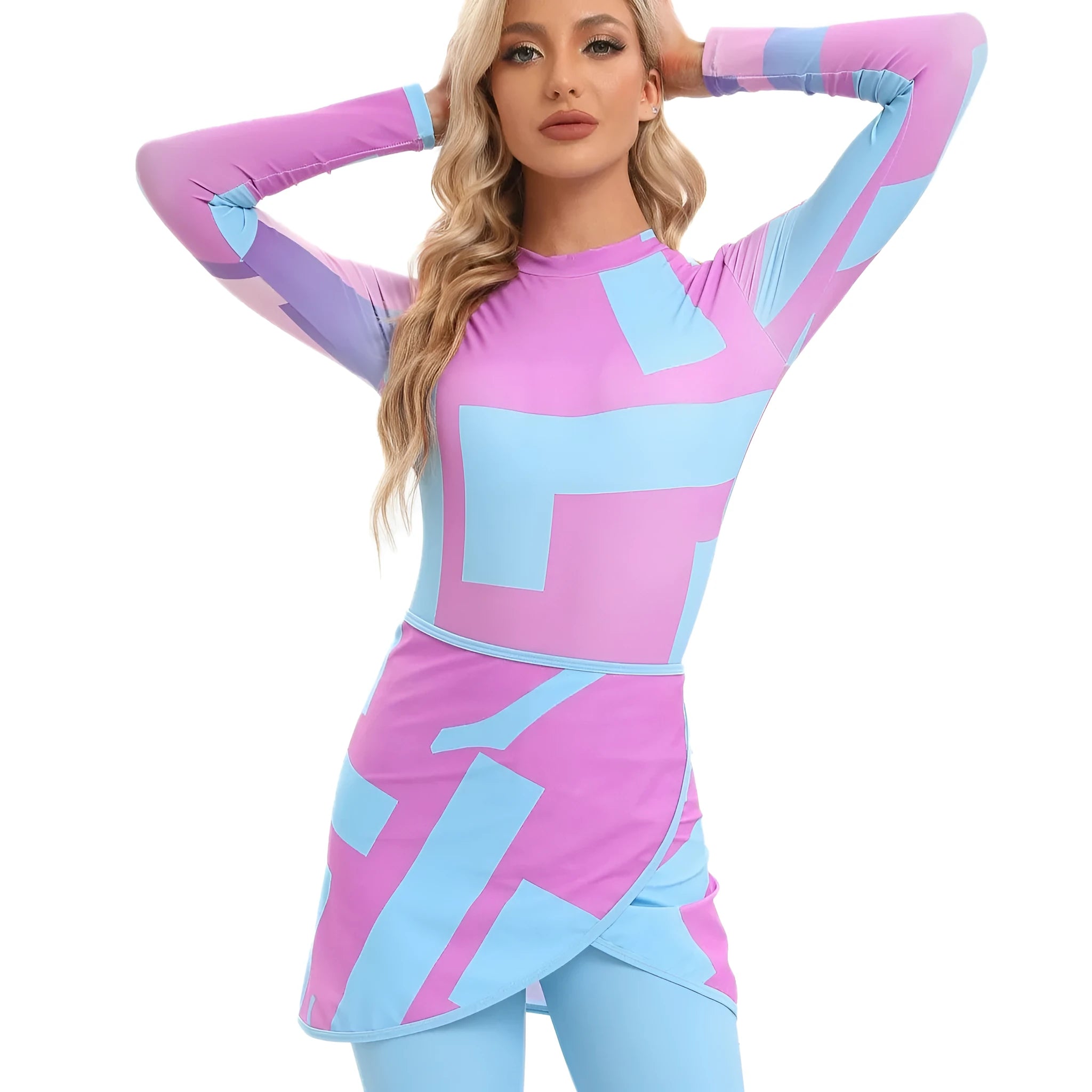 Conservative Muslim swimsuit three-piece set with apron in blue, white, or light green colour options.
