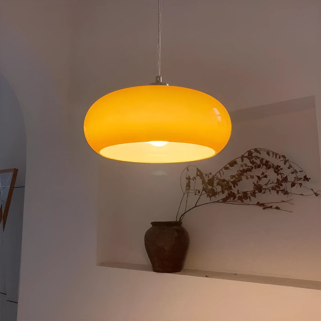 Three-headed egg tart pendant light with glass shades in a retro Bauhaus style.