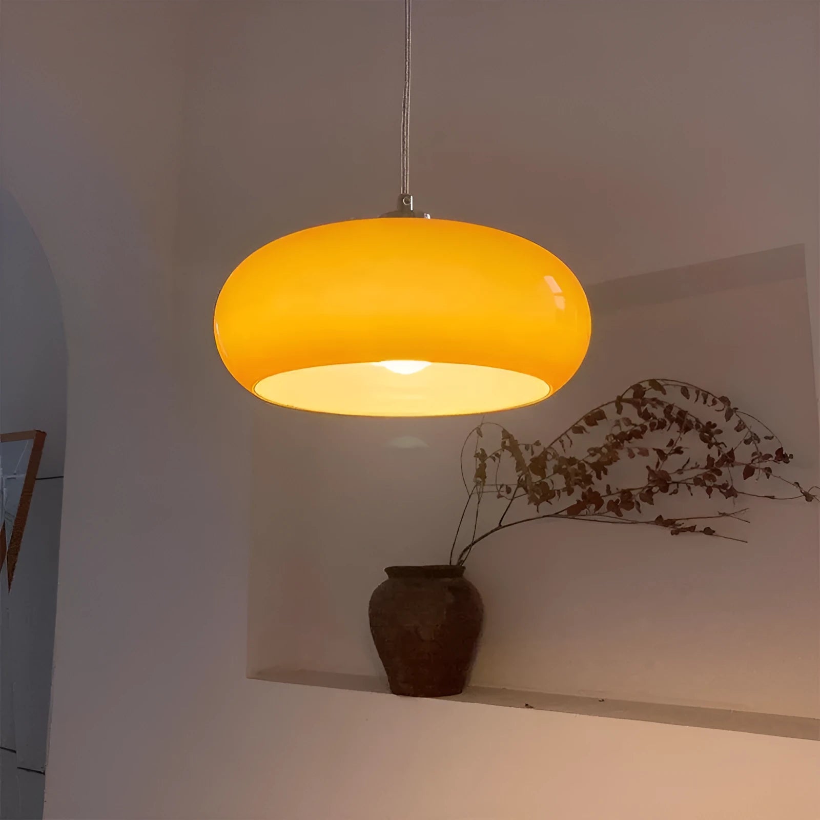 Three-headed egg tart pendant light with glass shades in a retro Bauhaus style.