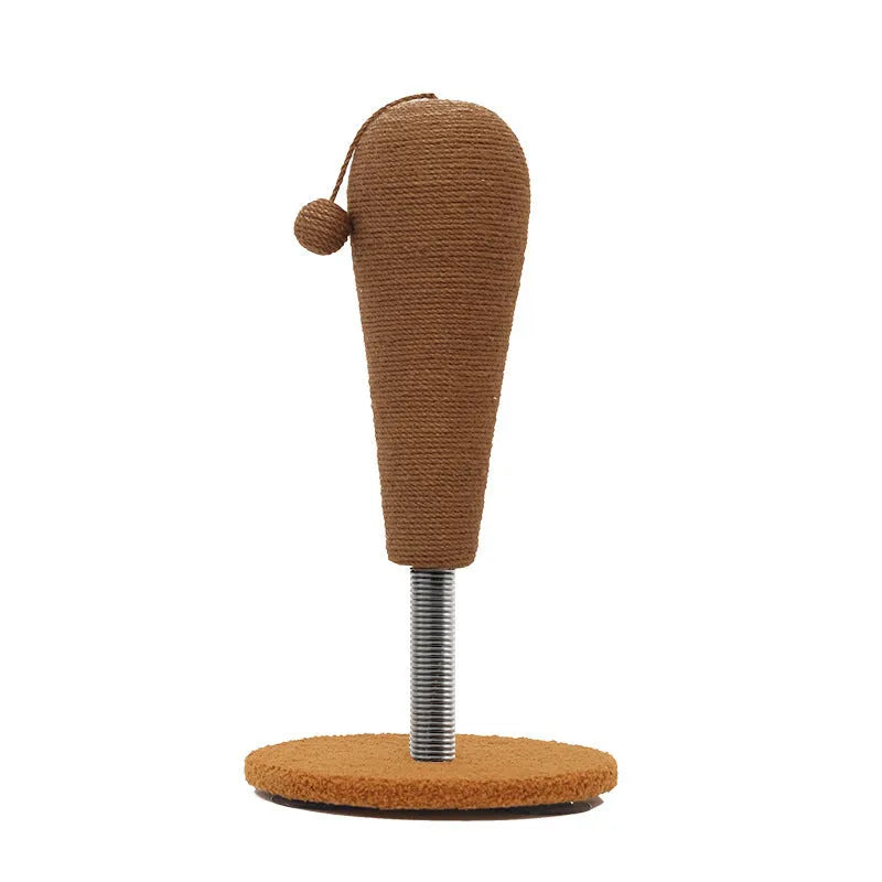 Tumbler-style cat scratch board with woven hemp rope surface and an integrated cat grasping ball toy.