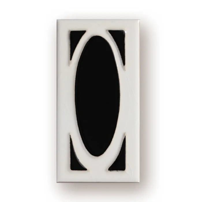 Handmade retro-style ceramic doorplate with enamel number, shown in 76mm by 152mm size.