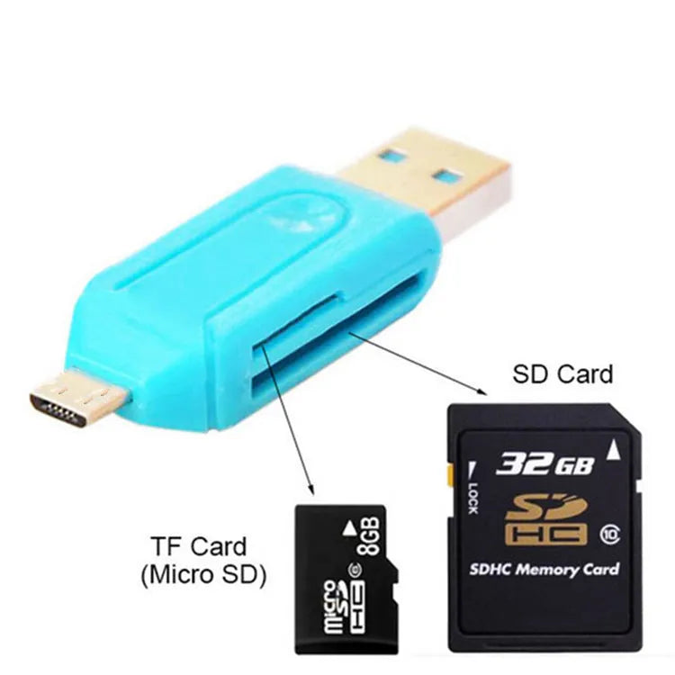 OTG dual-purpose card reader in black with micro USB plug and slots for SD and TF memory cards.