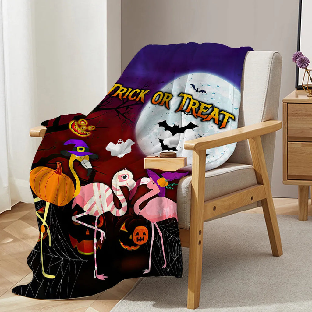 Purple flannel velvet blanket with Halloween flamingo print, hemmed edges, available in 75x100cm and 130x150cm