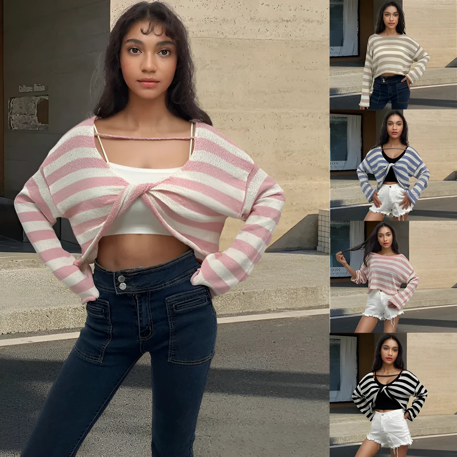 A striped long-sleeved pullover sweater in mercerised cotton, shown in one of five available colours.