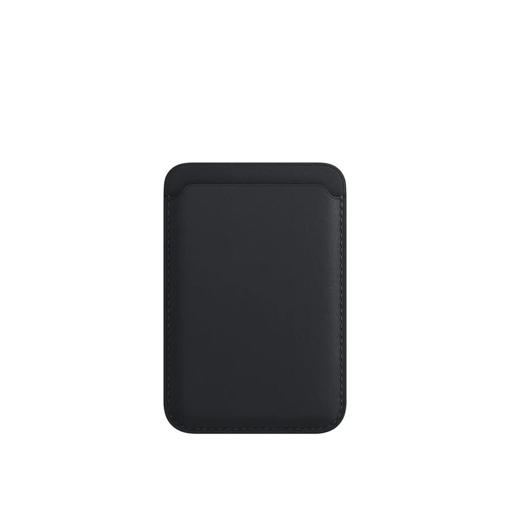 Black PU leather iPhone case with a magnetic card holder slot on the back.