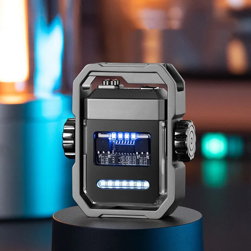 Zinc alloy windproof double arc electric lighter with folding body and rotary gyroscope in five colours blue orange black nickel