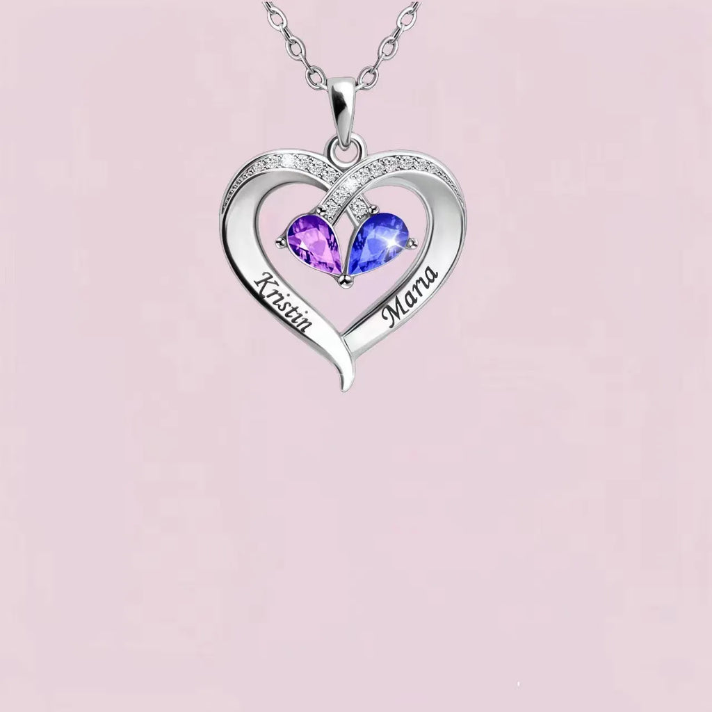 Two-colour water drop heart pendant necklace with diamond and birthstone for women.