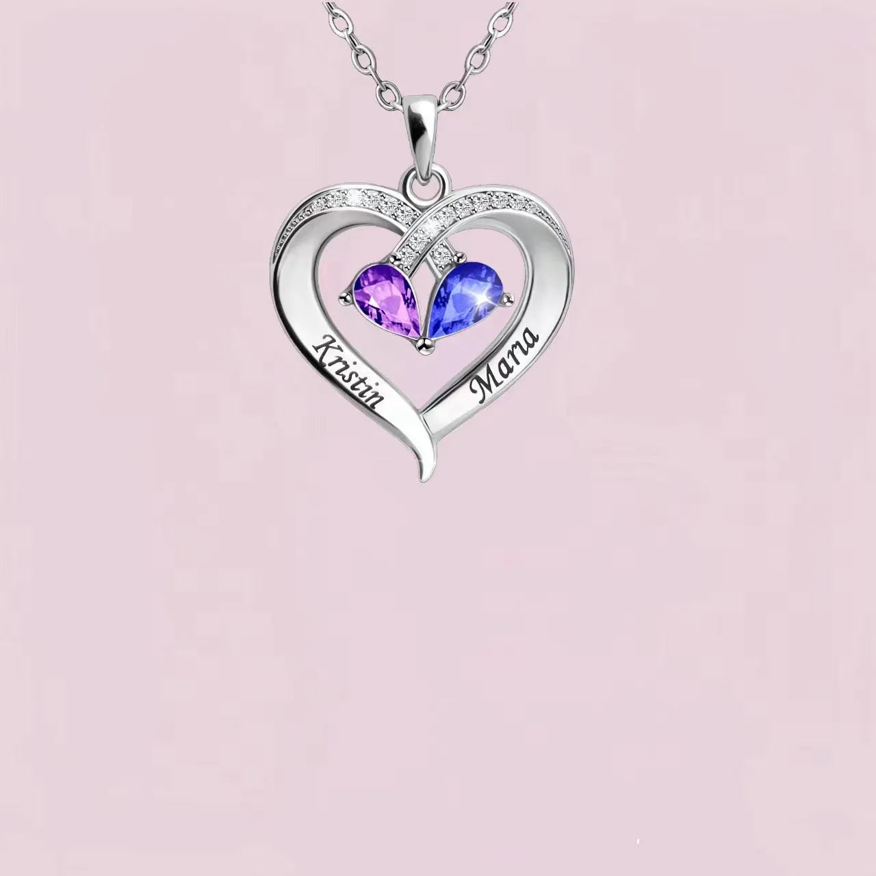 Two-colour water drop heart pendant necklace with diamond and birthstone for women.
