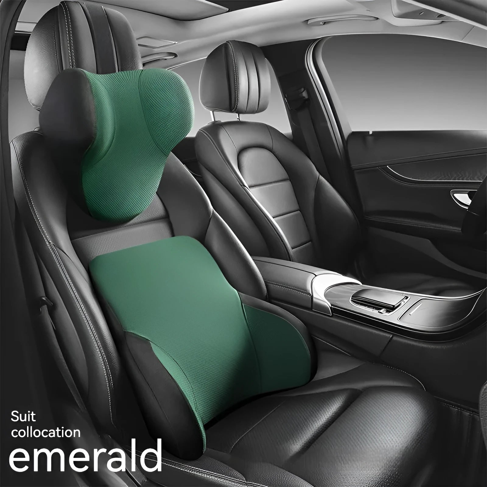 Memory foam and latex car lumbar support pillow and matching headrest with knitted fabric cover.