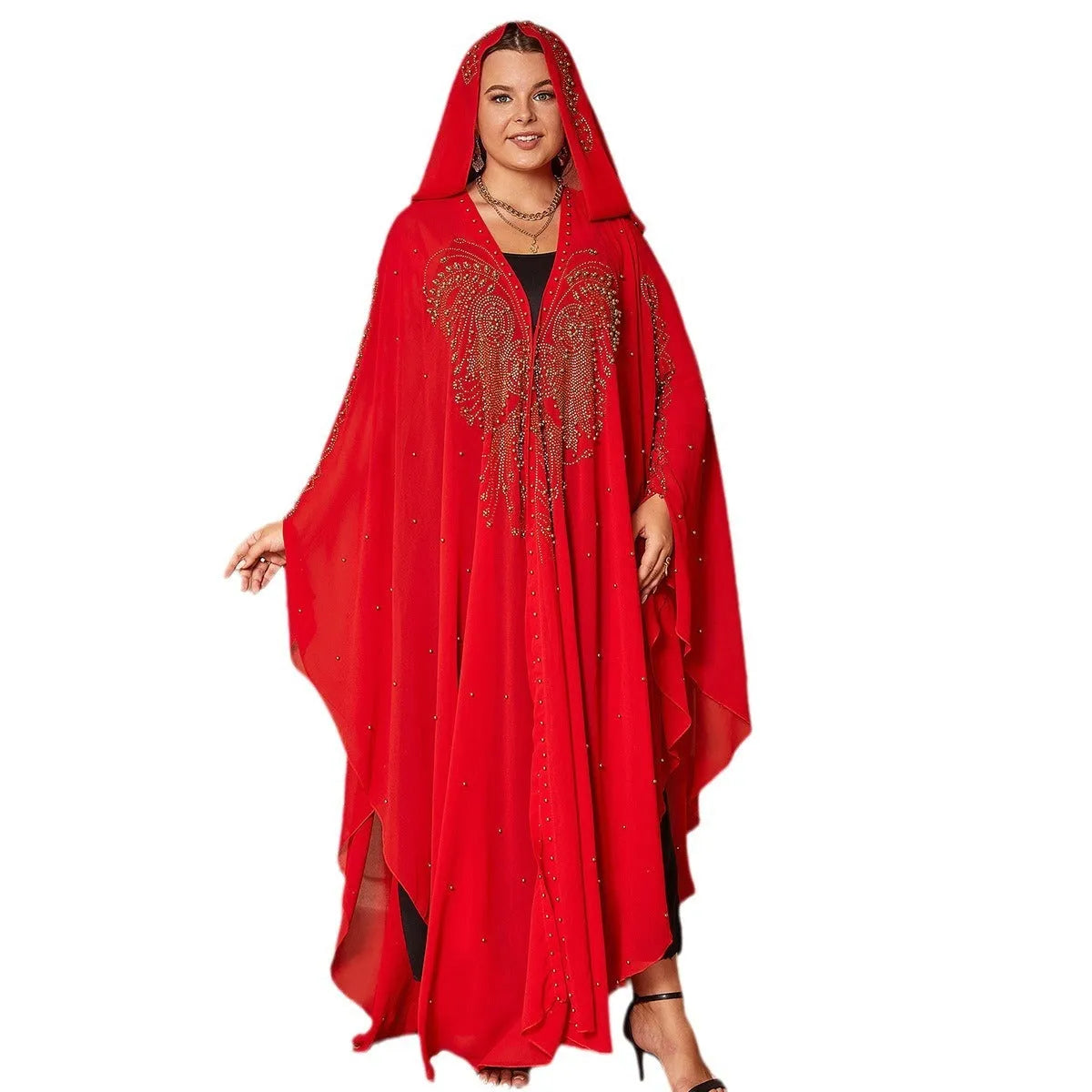 Long purple chiffon shawl with rhinestone beading, draped to show length and detail.