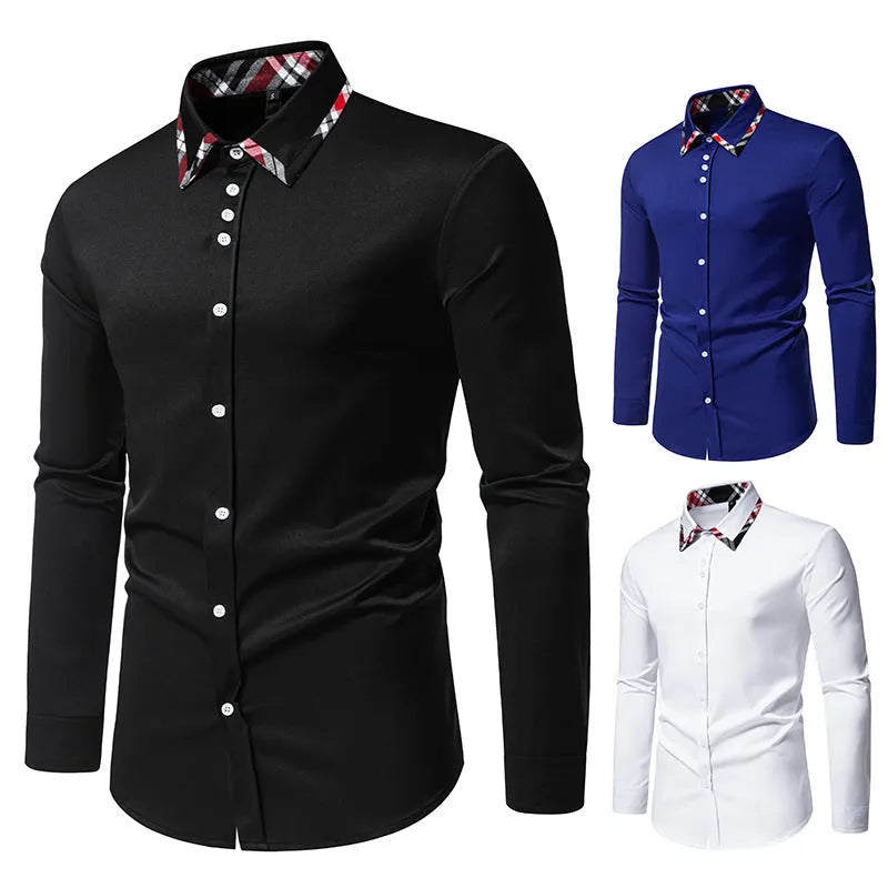 Men's long sleeve plaid shirt with a triangle collar in black, blue, or white.