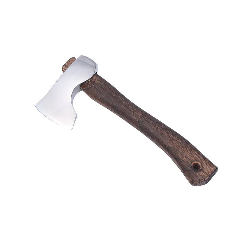 Camping axe with high carbon steel head and wooden handle on a neutral background