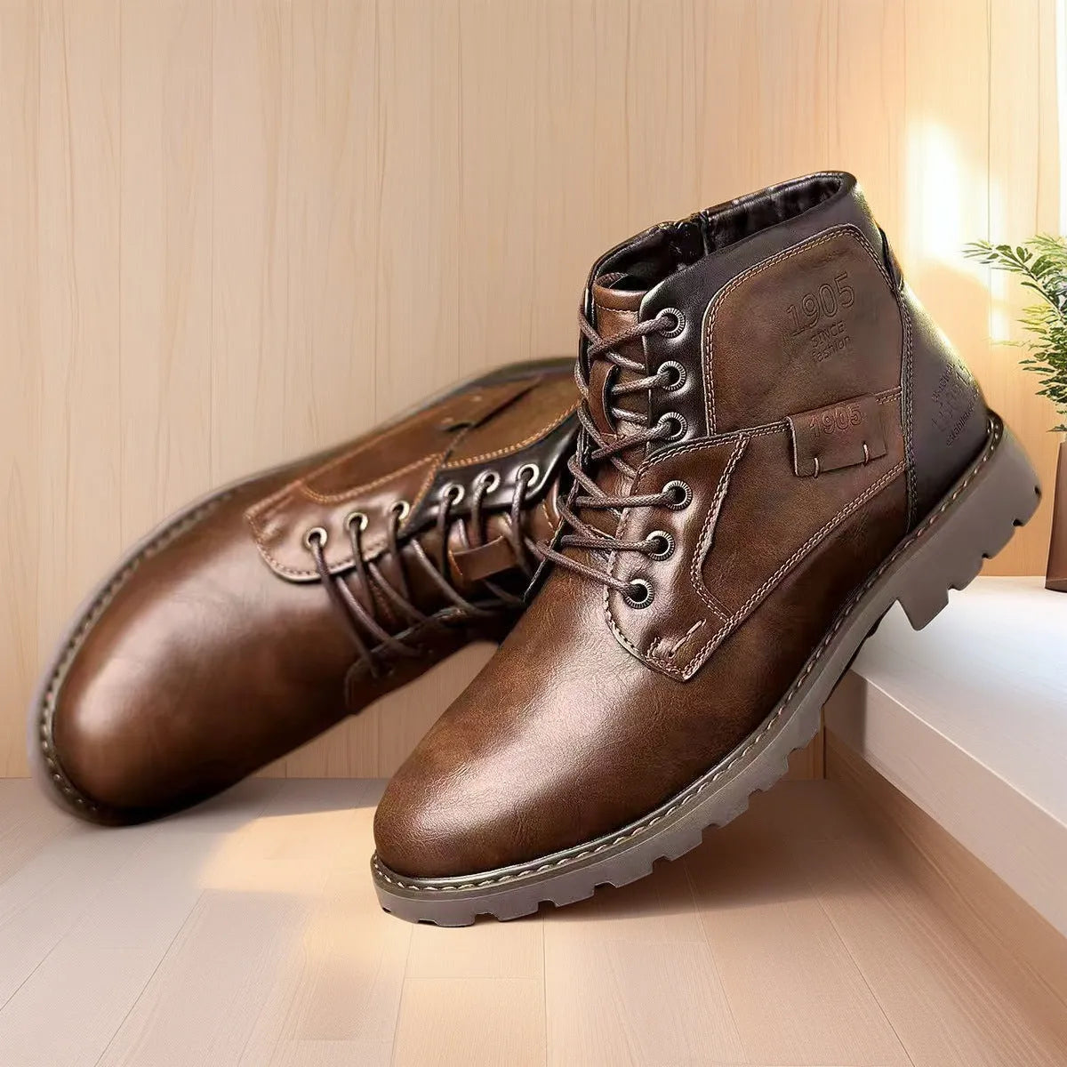 Men's brown side-zip Martin ankle boots with a round toe and rubber sole.