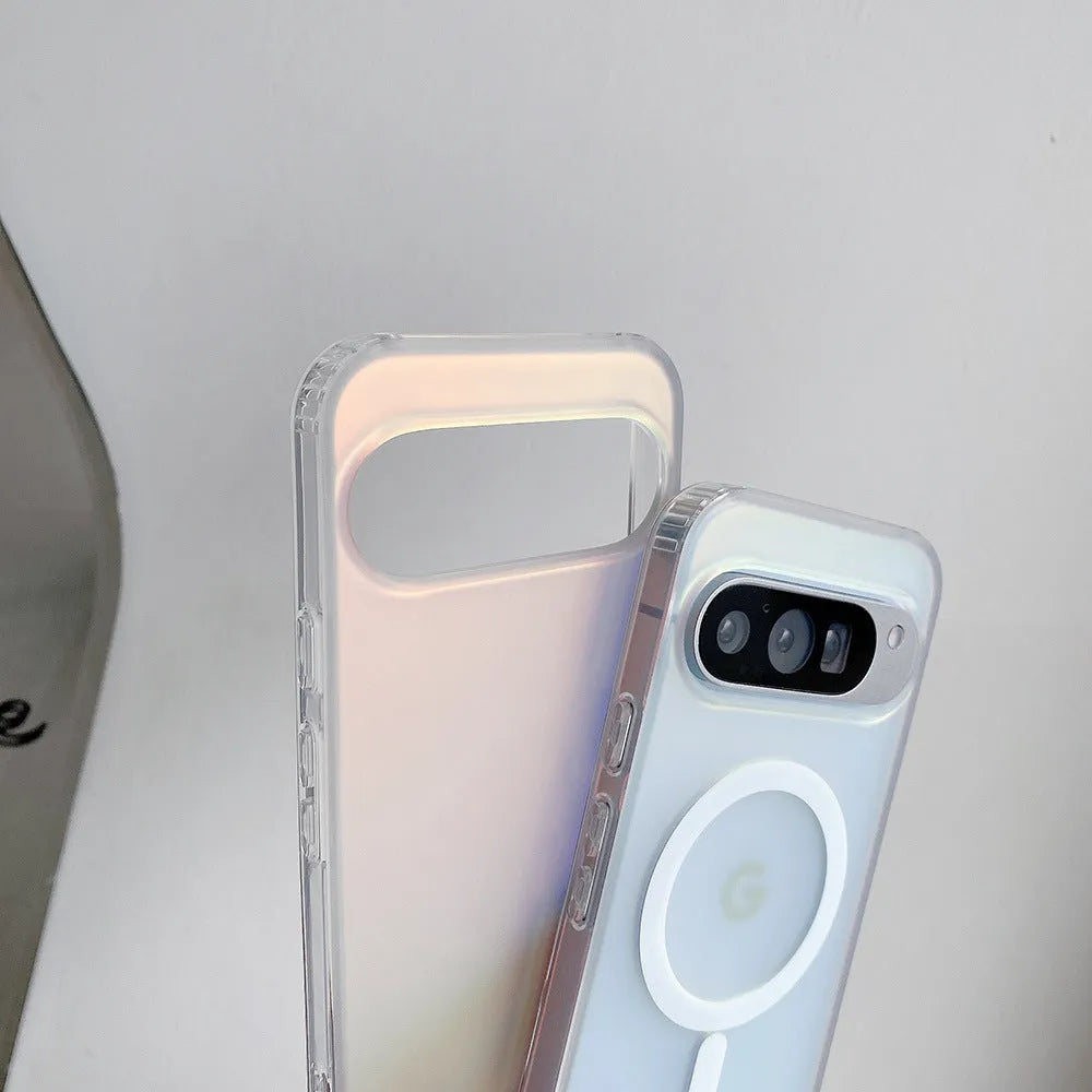 Transparent laser frosted matte phone case for Google smartphones on a table