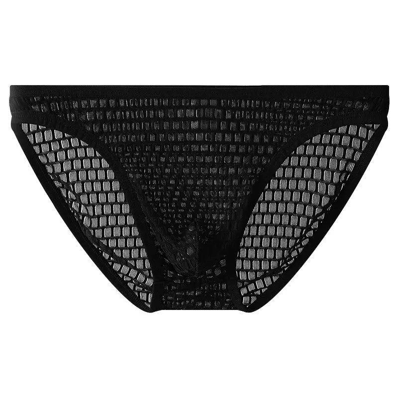 Men's low waist transparent visual lace underwear in multiple colours on a size chart