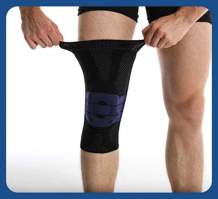 Adult sports knee pads in black and blue, made from nylon and spandex fabric.