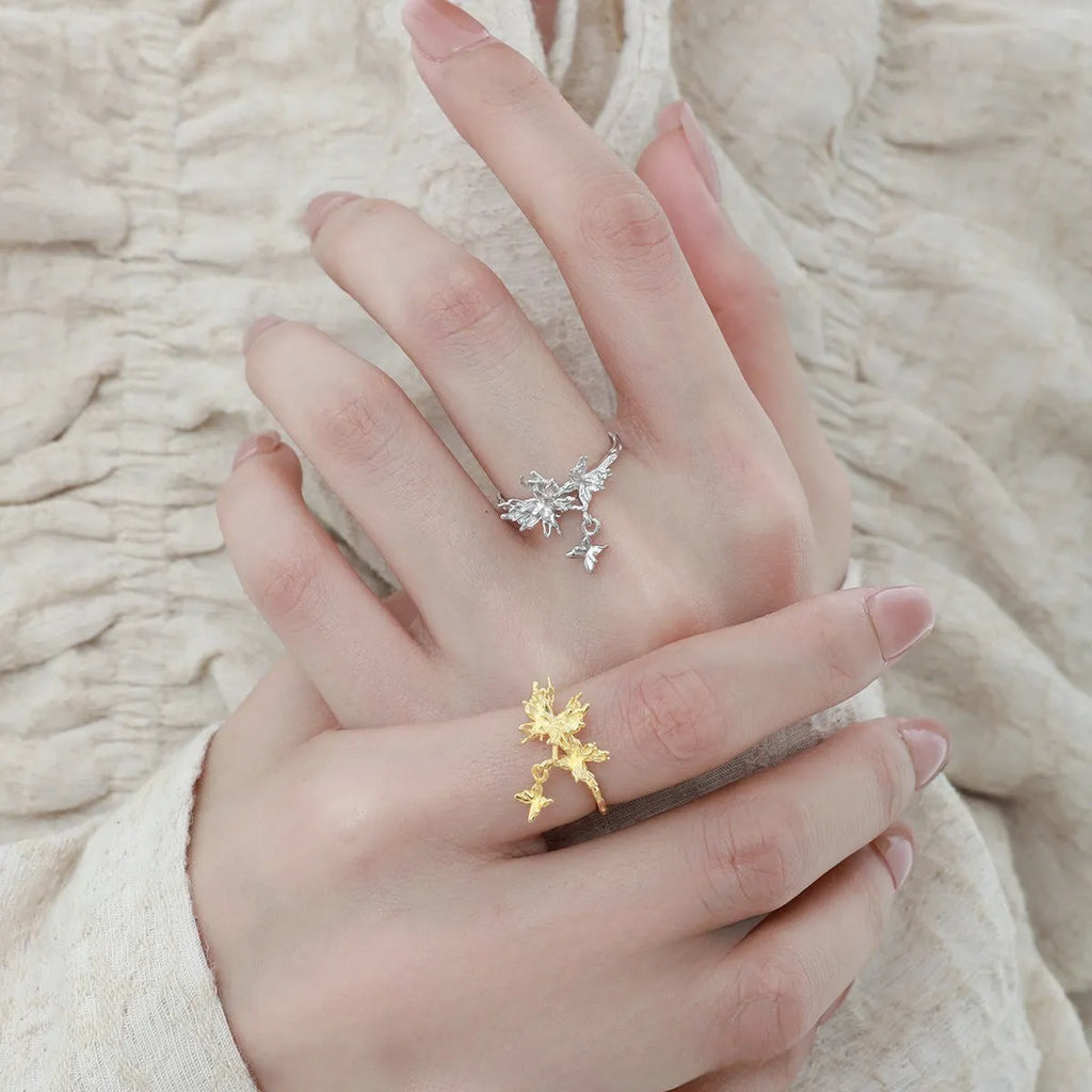 Adjustable silver butterfly ring with electroplated finish in white gold or 18K gold colour option