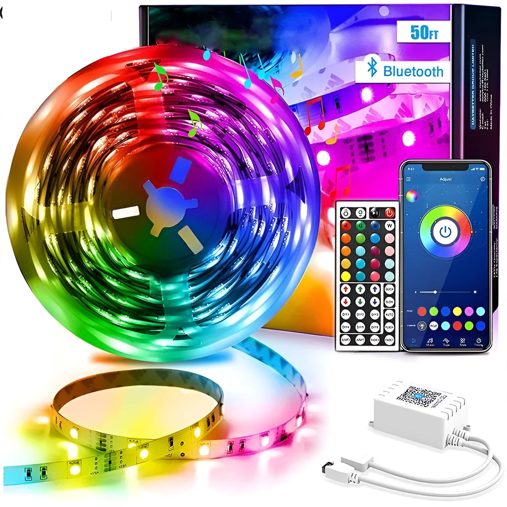 12V RGB LED light strip with Bluetooth remote on a white background.