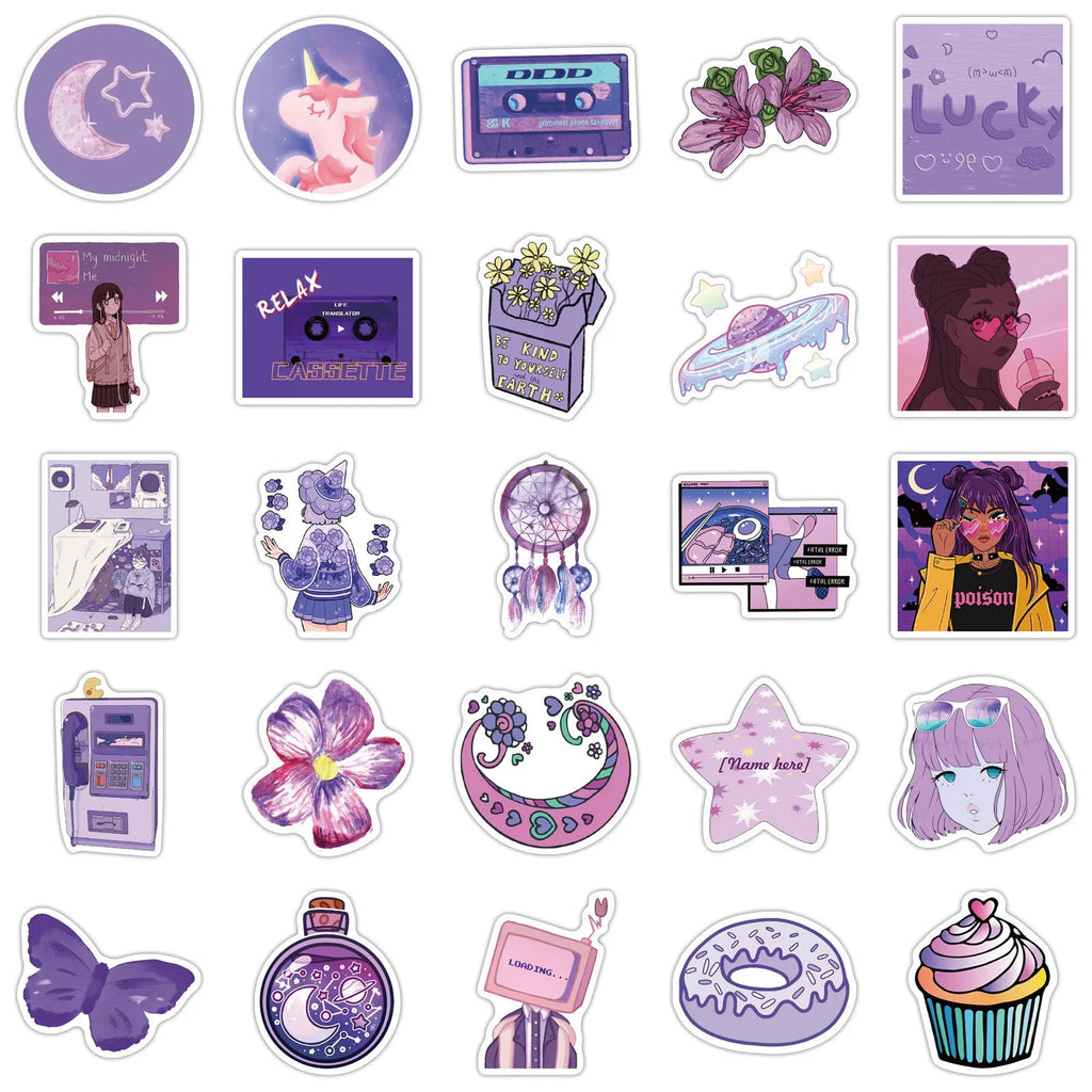 Purple graffiti cartoon skin self-adhesive stickers for luggage, 50 pack, each sticker 4-6cm