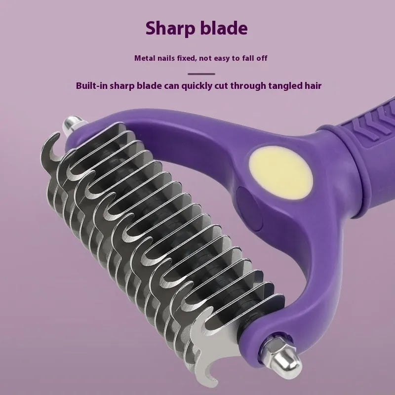 Purple double-sided plastic pet grooming comb with knot-untangling teeth on one side and smoother brushing side