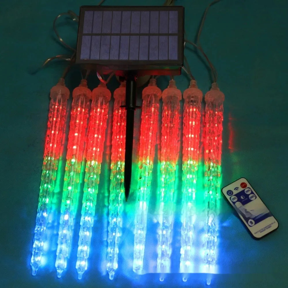 Solar-powered ice cone shaped meteor shower LED decorative lights with flower-shaped plastic construction