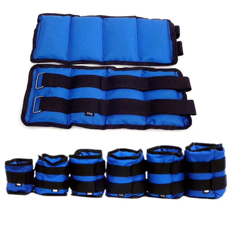 A pair of Oxford cloth legging sandbags for track and field running resistance training, shown with weight options.