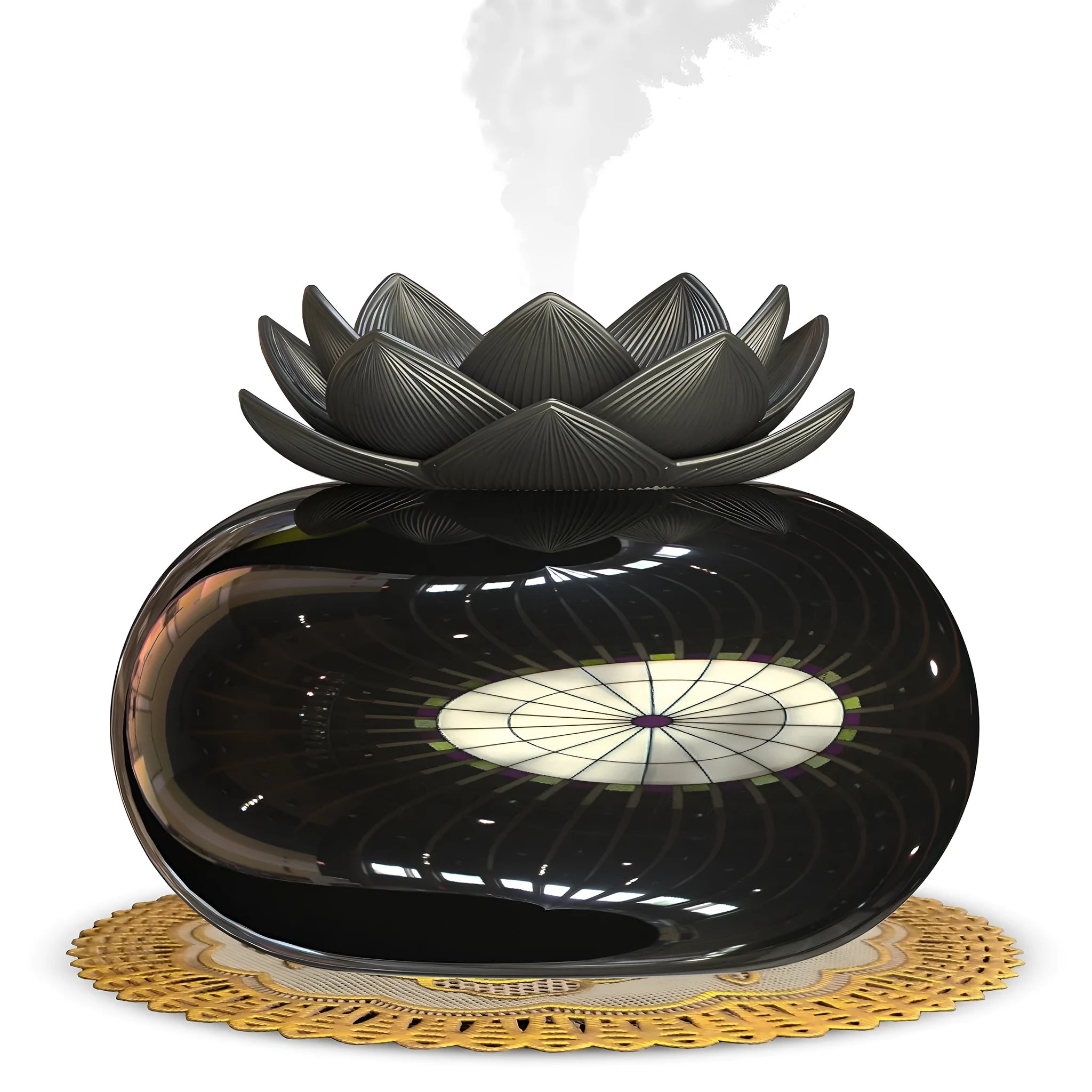 Pure black round Lotus ultrasonic aromatherapy humidifier with USB cable.