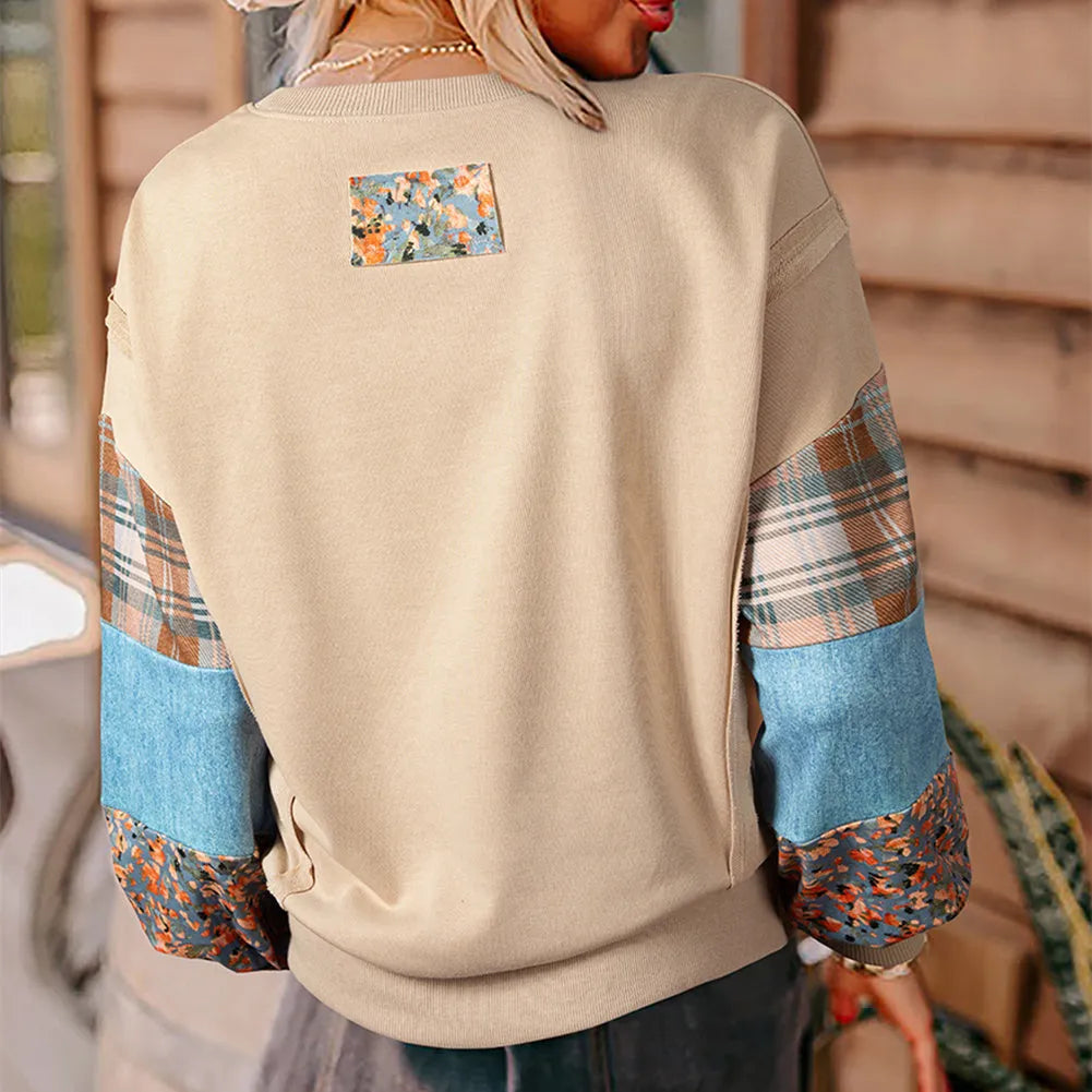 Women's loose fit plaid stitching long-sleeved top in beige or red with Japanese Korean casual style