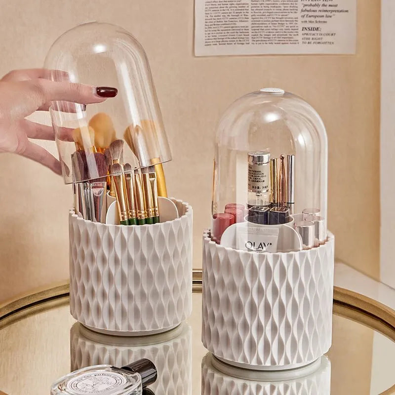 White rotating acrylic makeup brush storage box with transparent sides and dustproof lid