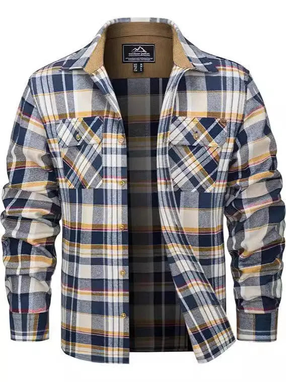 Men's polyester flannel button shirt with plaid pattern in multiple colour options