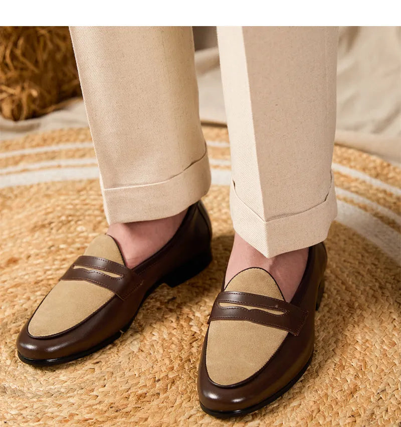 Coffee grey suede leather Belgian loafers with one-foot kick design and rubber sole