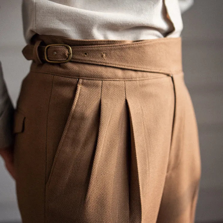 Men's high-waisted straight-leg casual trousers in polyester, shown in black, white, khaki, and coffee colours.