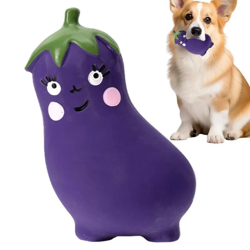 Latex vegetable dog chew toy with cartoon onion and eggplant design measuring 7x5x13cm