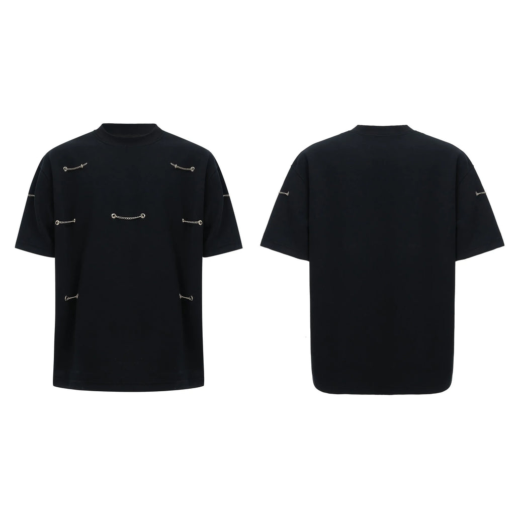 Black heavy cotton t-shirt with padded shoulder panels and silver metal chain decorative details