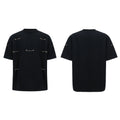 Black heavy cotton t-shirt with padded shoulder panels and silver metal chain decorative details