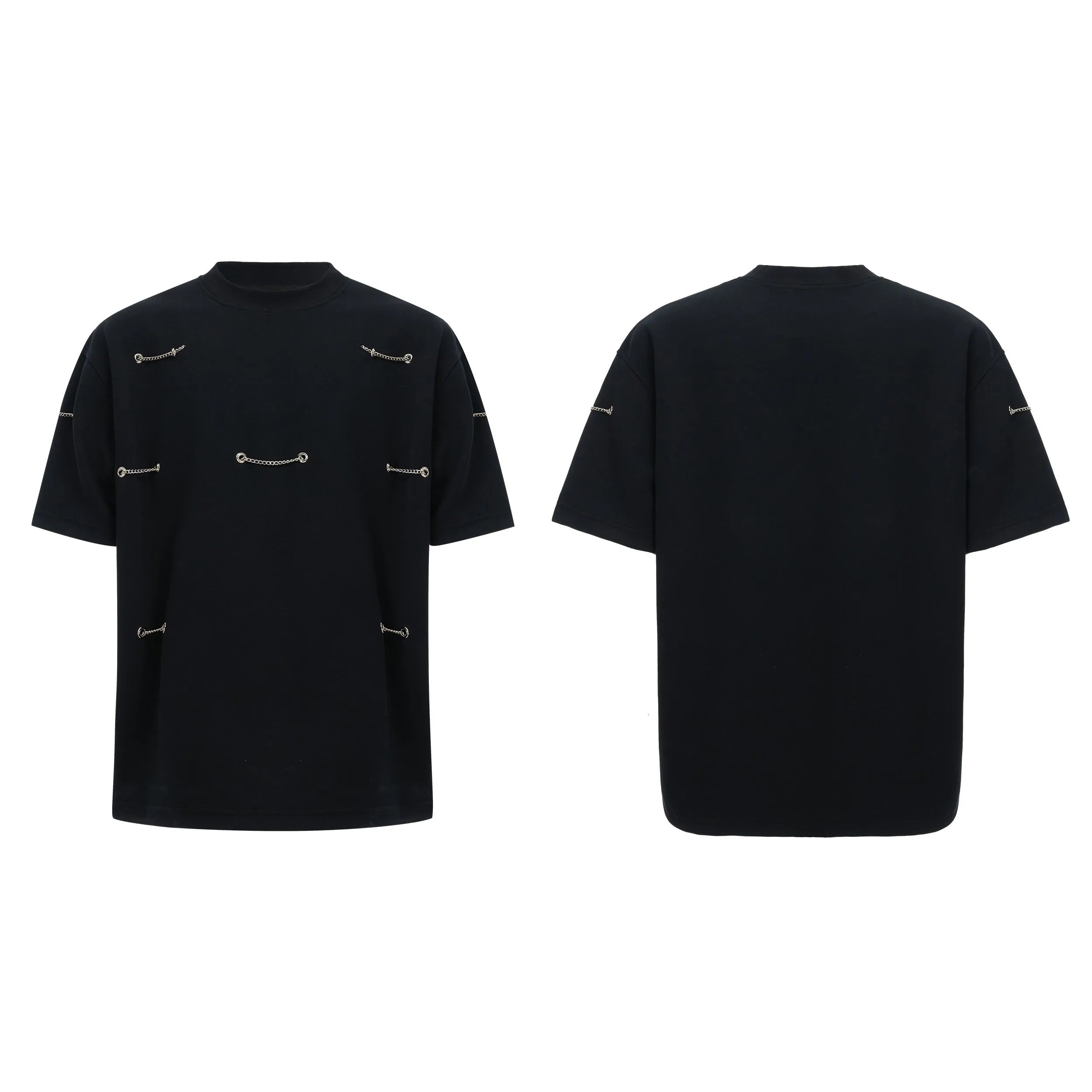 Black heavy cotton t-shirt with padded shoulder panels and silver metal chain decorative details