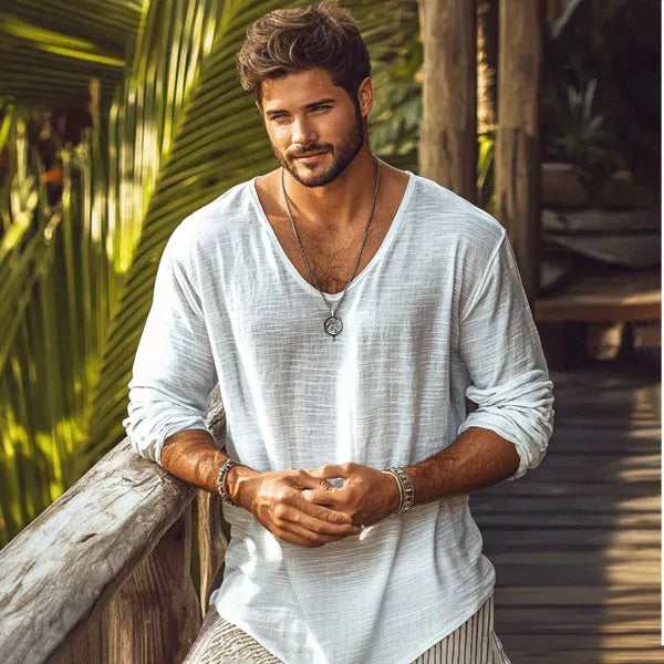 Men's beige slim fit v-neck long-sleeved t-shirt made from hemp blend fabric
