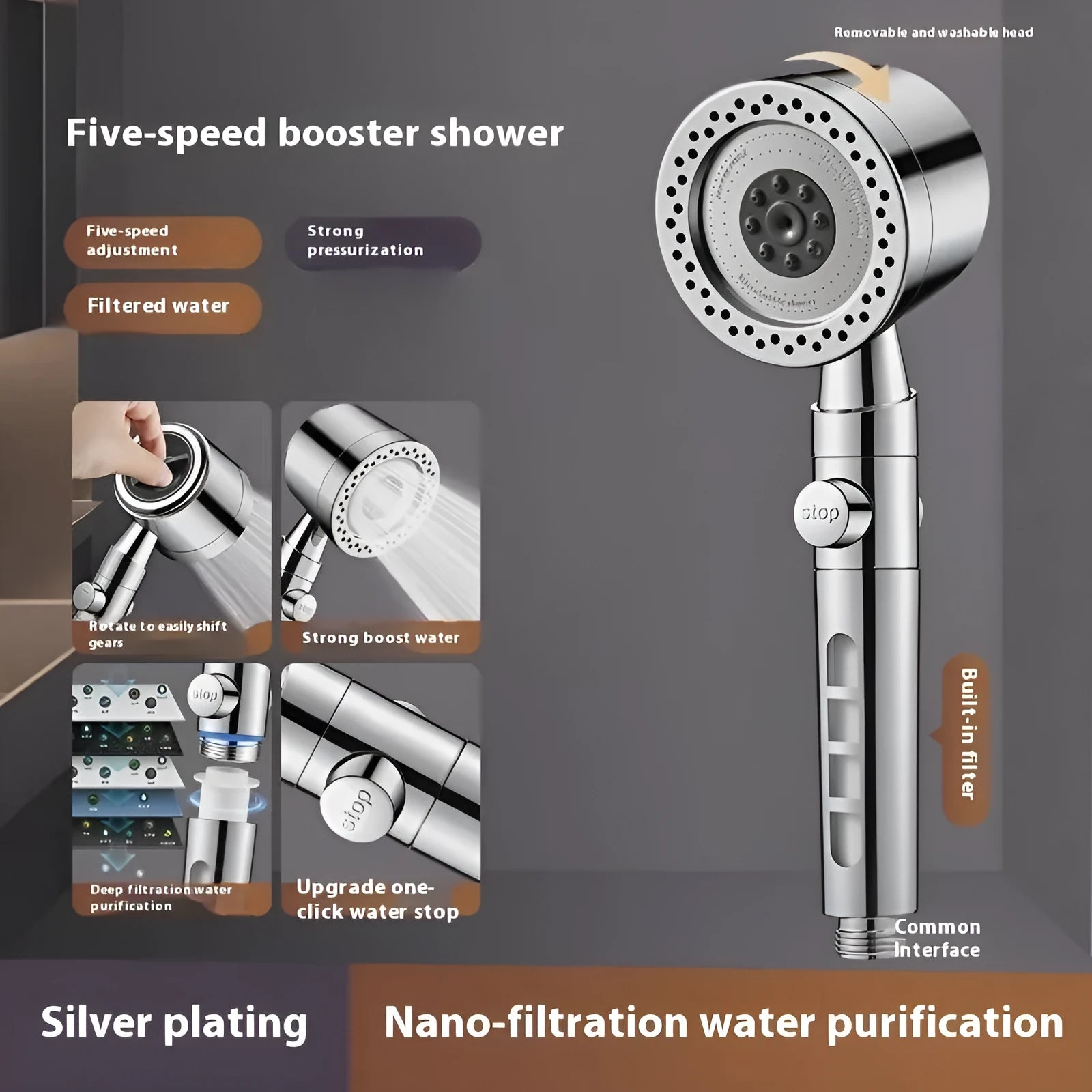 Silver chrome portable shower head with multiple spray functions