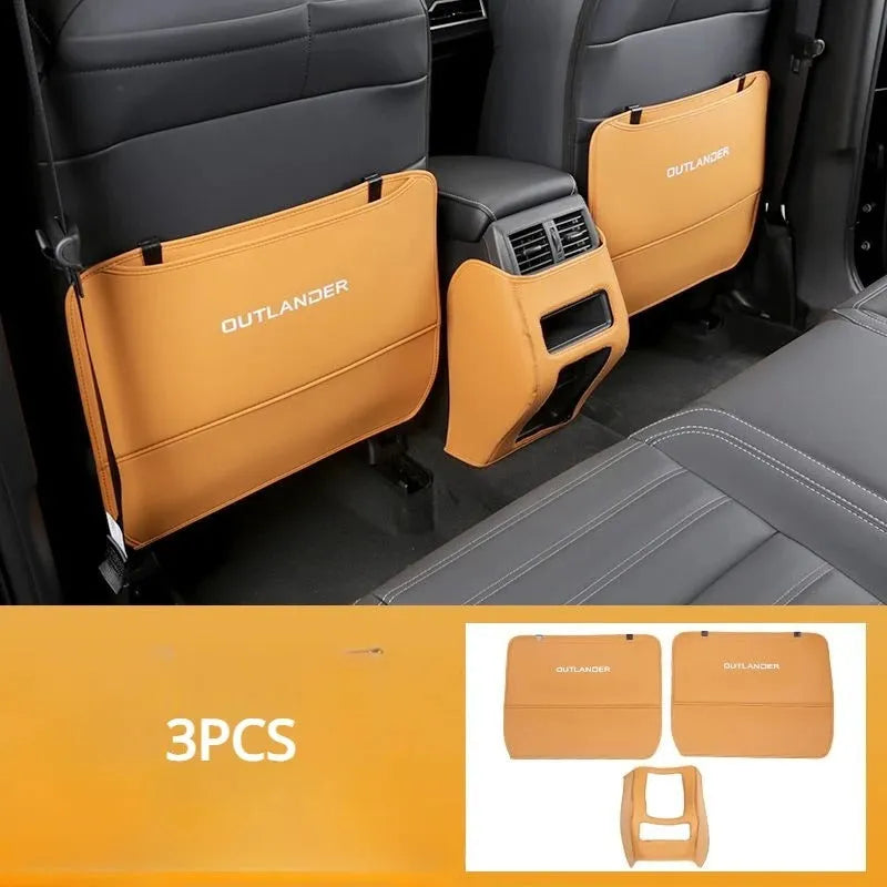 Three genuine leather anti-kick pads for Mitsubishi Outlander seat and console protection.
