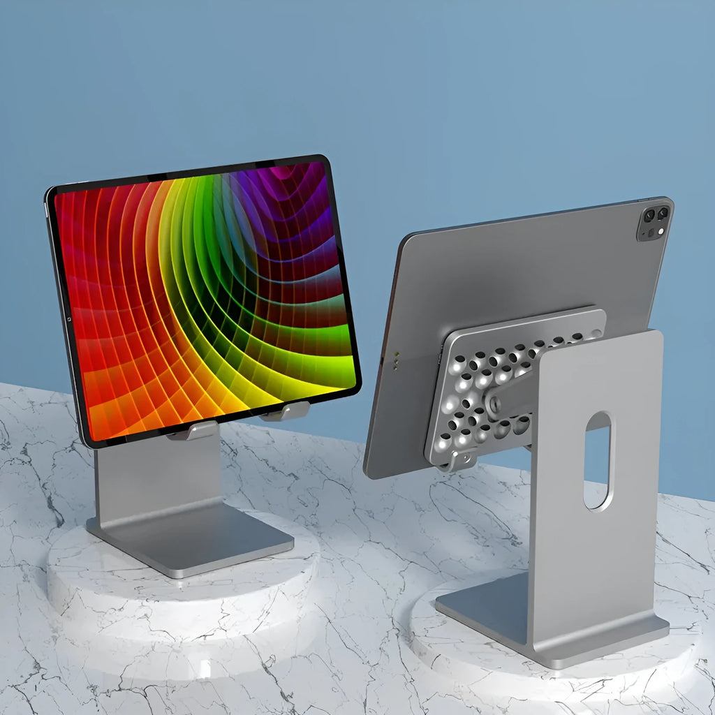 Silver aluminium alloy adjustable desktop stand with phone holder on a desk
