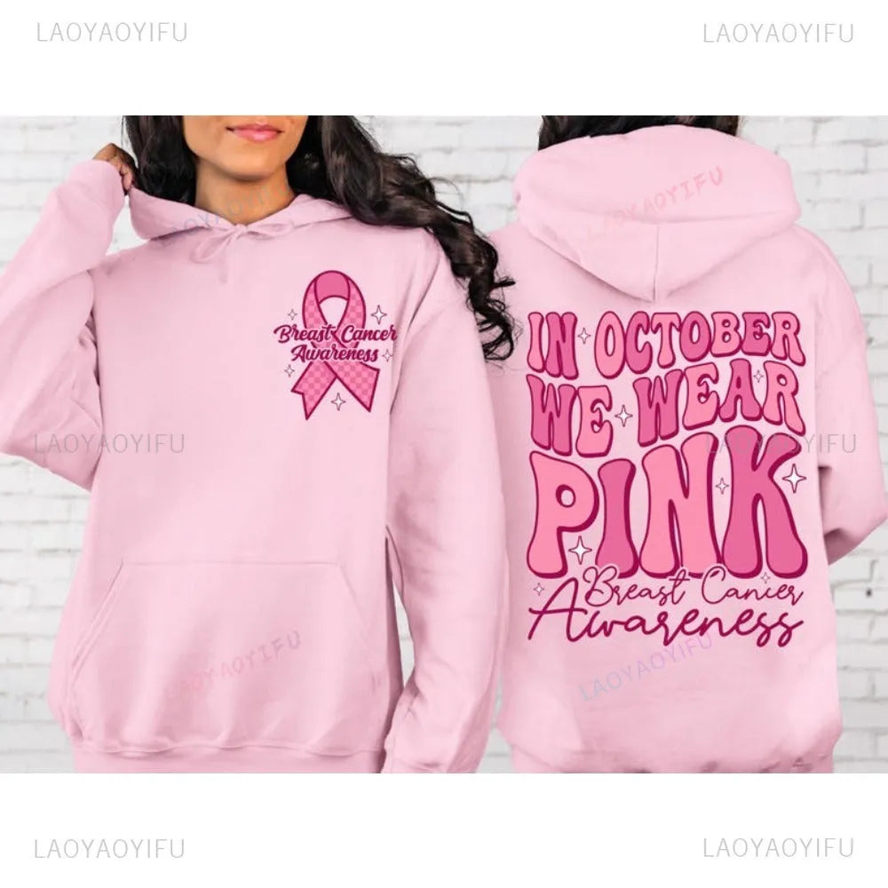 Pink Breast Cancer Awareness hoodie with retro design and side pocket