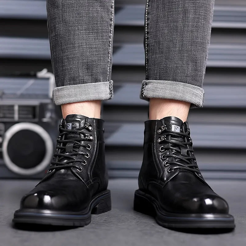 Men's black leather work ankle boots with patent finish and rubber sole for haulage motor environments